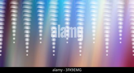 A multi-colored abstract background with vertical rows of glowing white dots and soft light rays, blending blue, purple, and warm tones. Stock Photo