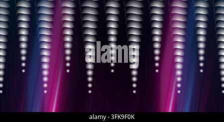 An abstract digital art piece showing vertical rows of glowing spheres against a dark, moody background with soft pink and blue light flares. Stock Photo