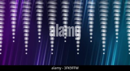 Abstract digital background featuring vertical rows of glowing white spheres and dynamic light streaks in shades of purple and blue. Stock Photo