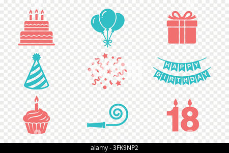 Flat Two-Color Birthday Celebration Icon Set with Cake Balloons Gift and Party Bunting Banner Stock Vector