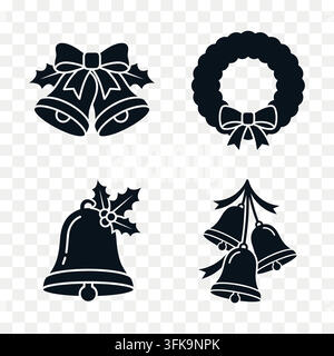 Set of Christmas Jingle Bells and Pine Wreath Silhouette Icons for Xmas Celebration Decoration Stock Vector