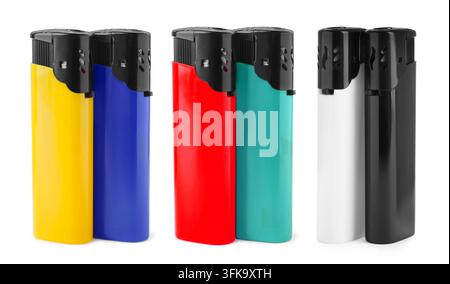 Lighters in various colors isolated on white, set Stock Photo