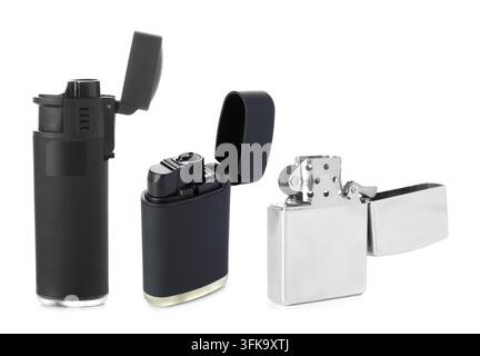 Lighters with buttons and sparkwheel isolated on white, set Stock Photo