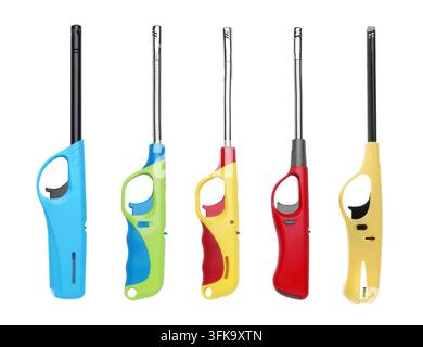 Different utility lighters isolated on white, set Stock Photo