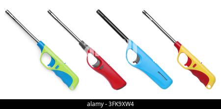 Different utility lighters isolated on white, set Stock Photo