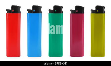 Lighters in various colors isolated on white, set Stock Photo