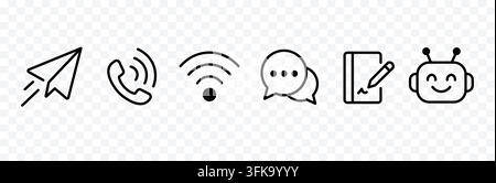 Digital Communication and Connectivity Line Icon Set with Messaging AI Bot Wi-Fi and Cal Stock Vector