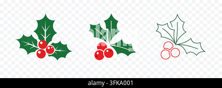 Set of Christmas Holly and Red Berries Vector Icons in Flat Solid Silhouette and Line Art Stock Vector