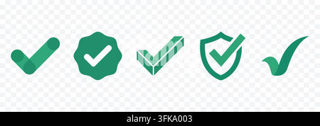 Set of Green Checkmark Approval Icons with Shield Badge and Isometric Styles for UI Vector Design Stock Vector