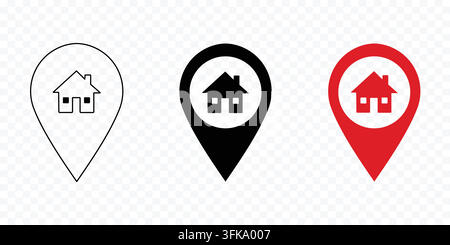 Real Estate Map Pin Locator Vector Icons with House Symbol in Line Black and Red Solid Styles Stock Vector