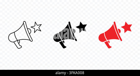 Set of Megaphone and Star Icons for Announcement Marketing Promotion in Line Black and Red Vector Stock Vector
