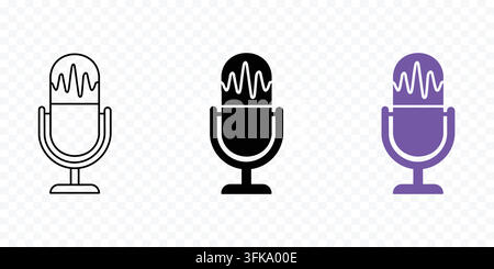 Modern Microphone Vector Icon Set with Sound Wave in Outline Black Silhouette and Purple Style Stock Vector