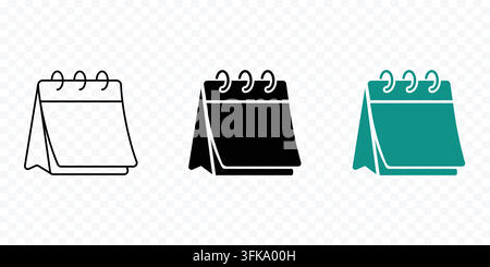 Blank Desk Calendar Vector Icon Set in Outline Black Silhouette and Teal Solid Flat Styles Stock Vector