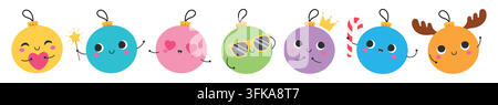 Cute Christmas baubles collection featuring colorful holiday ornaments with funny emoji faces and festive accessories isolated on white background Stock Vector