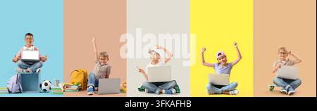 Digital education and remote learning, diverse children using laptops for online school and homework with colorful backgrounds for educational campaig Stock Photo