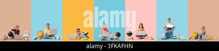 Online education and digital learning, diverse children using laptops for remote school and homework with colorful backgrounds and school supplies Stock Photo