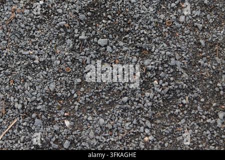 Close view of dark gray gravel covering the ground, showing varied stone sizes, rough surfaces, muted colors, and scattered organic fragments Stock Photo