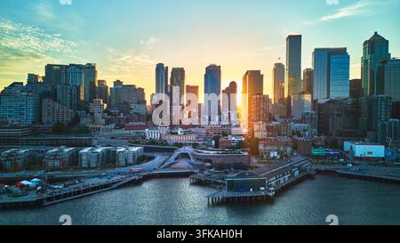 Aerial view of the modern skyline with high-rise buildings, busy ...