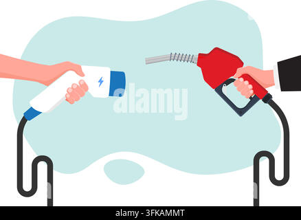 Hand holding gas pump and power connector for refuelling stock illustration Stock Vector