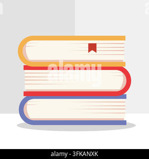 Illustration of a pile of yellow, red, and blue hardcover books with a red bookmark ribbon, perfect for back to school, library, and education design. Stock Vector