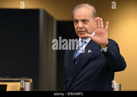 Prime Minister Shehbaz Sharif of Pakistan departs during day 2 of the opening of the 81st Session of the United Nations General Assembly at United Nations Headquarters in New York, New York, USA on Wednesday, 23 September, 2026. Credit: Kyle Mazza/Pool via CNP /MediaPunch Stock Photo