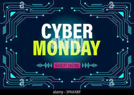 Cyber monday banner with circuit board design in dark blue background, futuristic technology concept Stock Vector