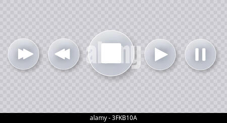A collection of circular media player icons including fast forward, rewind, stop, play, and pause buttons on a transparent background. Stock Vector