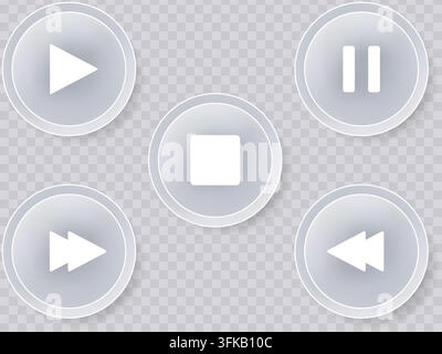 A collection of five circular media control buttons featuring play, pause, stop, fast forward, and rewind icons with a soft frosted glass aesthetic. Stock Vector