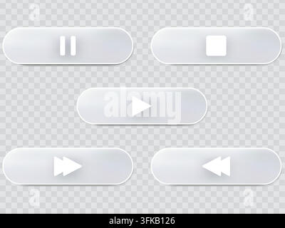 A collection of five frosted glass style media player buttons featuring white icons for playback control, arranged on a subtle checkered background. Stock Vector