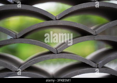 Close-up of traditional Chinese blue tile and lattice wall texture Stock Photo