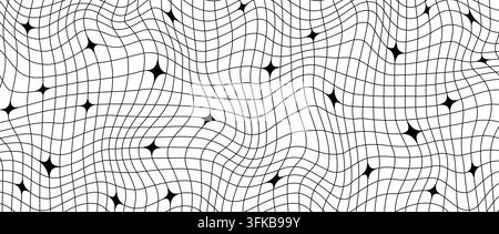 Black and white Y2k trippy sparkle wireframe background. Distorted grid mesh pattern with stars. Groovy twinkle and checkered wallpaper. Vector geometric nostalgic aesthetic checkerboard tile texture Stock Vector