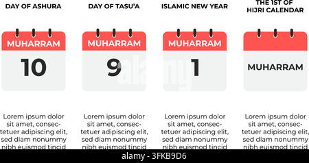 Set of four Muharram calendar icon illustrations marking Ashura Tasua Hijri New Year and 1st Hijri Calendar with placeholder text on white background Stock Vector