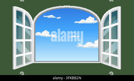 A flat vector illustration of an open white arched window looking out to blue sky. Stock Vector