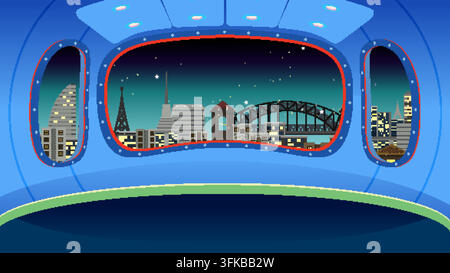 A vector illustration of a city skyline at night through spaceship cockpit windows. Stock Vector
