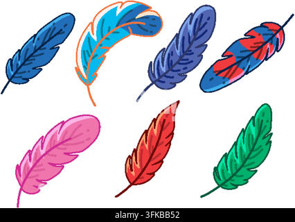 Hand-drawn collection of colorful stylized bird feathers isolated on a white background. Stock Vector