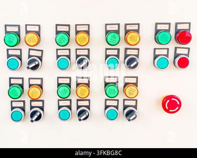 Industrial Machine Control Panel with Push Buttons and Switches. Industrial Automation Control Panel with Colored Switches Stock Photo