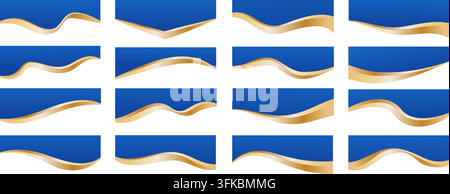 Elegant curved dividers and flowing banners. Blue dynamic borders for website headers, footers and templates with golden elements and minimalist Stock Vector