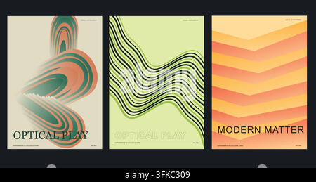 Abstract poster set featuring geometric optical art patterns for creative brand identity and modern graphic design Stock Vector