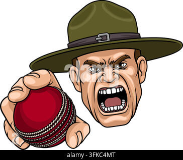 An angry drill instructor or sergeant bootcamp army soldier cartoon character holding cricket ball sports team mascot illustration. Stock Vector