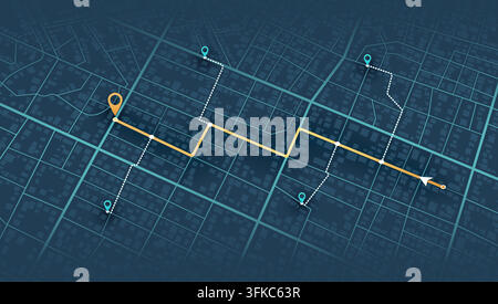 Abstract lines geometric shapes, cartographic texture. Navigation pin. Isometric abstract map background. Transportation and roads. Digital art Stock Vector