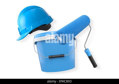 Construction helmet, paint roller, brush and paint bucket isolated on white background, representing painting and renovation tools Stock Photo