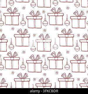 Seamless pattern of red outline Christmas gift boxes in doodle style. Stock Vector