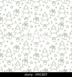 Hand drawn Christmas seamless pattern with christmas tree, gifts, christmas balls. Stock Vector