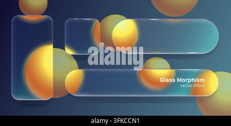 Glassmorphism ui elements, transparent glass interface frames with translucent rounded panels. Glowing gradient spheres and blur effects on a dark background. Futuristic vector design template. Stock Vector
