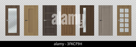 Realistic set of 3D wooden doors isolated on transparent background. Vector illustration of modern door with glass decor and metal handle, interior design mockup, home or office entrance elements Stock Vector