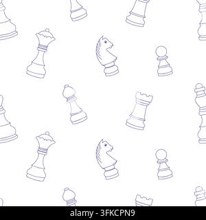Outline Chess Pieces Seamless Pattern Doodle. Strategy Game Figures Pawn Knight Bishop Rook Queen King Hand Drawn on White Background. Vector Stock Vector