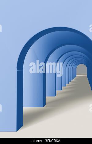 Abstract 3D architectural hallway featuring repeating blue arches creating a deep perspective effect. Stock Photo