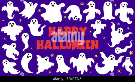 Happy Halloween Banner with White Ghosts Pattern on Purple Vector Illustration Stock Vector