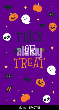Trick or Treat Halloween Poster with Pumpkins Ghosts and Skulls Vector Illustration Stock Vector