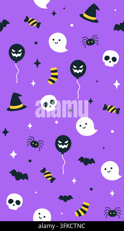 Halloween Pattern with Ghosts Skulls Balloons Bats and Witch Hats Vector Illustration Stock Vector